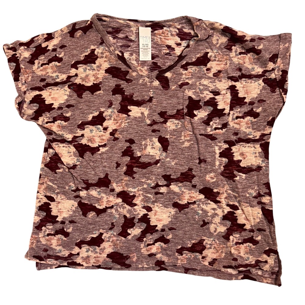 Time Tru Womens XL Floral Camouflage Print‎ Short Sleeve V Neck Top